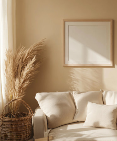 A simple, wooden picture frame on the wall of an apartment with tan walls and modern furniture, in a mockup style, minimalistic, with a beige sofa, pampas grass in a wicker basket, empty space for text, a close-up shot, warm tones, boho vibes, soft lighting, natural light, a neutral color palette, and high-resolution photography, creating a hyper-realistic scene. --ar 5:6 --v 6.1 Job ID: d358db7e-3aff-4b4b-b6fa-f59913c905afの素材