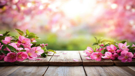 Old wooden table with a blurred spring background. Spring meadow and blooming apple tree in the sunlight. Generative AI, empty space for product display montage stock photo. 2/3 space for text. --chaos 30 --ar 16:9 --v 6.1 Job ID: 606f7cbb-620b-4cd4-bd1e-f645f150965eの素材