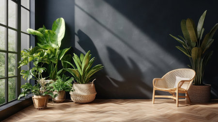 Black wall in an empty room with a wooden floor, interior design of a modern home and office space mock-up, 3D rendering. --chaos 30 --ar 16:9 --v 6.1 Job ID: bd28fbdd-ee17-42bd-99cd-8fd46b71fe9bの素材