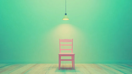 Modern interior design background with a pink chair and copy space on a light green wall, minimalist home decor, interior mock-up template. 3D rendering illustration of a simple living room with a wooden floor and a lamp hanging above a table in pastel colors. --chaos 30 --ar 16:9 --v 6.1 Job ID: bb55ba17-ade0-4c56-b59a-839e522d821cの素材