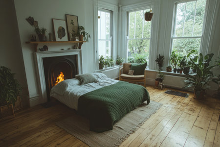 Scandinavian-style bedroom with a fireplace and wooden floor, white walls, a cozy bed in a green blanket near the window, minimalist decor on the shelf above the bed, an armchair, planters, and a rug nearby, with natural light from large windows. Scandinavian home interior design of a modern living space. --ar 3:2 --v 6.1 Job ID: 0d96ccc3-b066-4c2b-a15a-3ec87bb82f64の素材