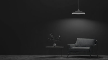 Minimalist black room with a grey armchair and table, a pendant light hanging from the ceiling, and a grey herringbone parquet floor. Scandinavian interior design concept. Black wall mock-up. Front view. 3D rendering. --chaos 30 --ar 16:9 --v 6.1 Job ID: afb865d4-15d9-45c4-89a5-04145f643be8の素材