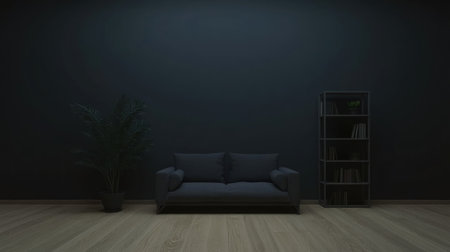 Minimalist black living room interior with a grey sofa, bookshelf, and plant on a wooden floor. Dark wall background mockup for the design of home decor or furniture product presentation in a modern style. --chaos 30 --ar 16:9 --v 6.1 Job ID: 3c17e235-f3d6-4f79-b9b5-306424bd8241の素材
