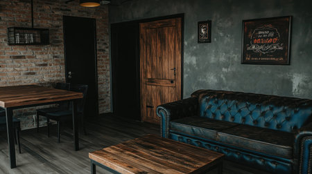 Photograph of an open-plan living room with a large leather sofa, wooden coffee table, and a rustic-style door in the background. Minimalist interior design concept for home decor. --chaos 30 --ar 16:9 --v 6.1 Job ID: be0fbd02-47a7-4aa9-b084-f3dd9942abf5の素材