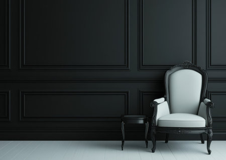 Minimalist black wall background with an armchair and coffee table, creating an elegant home interior design. --ar 7:5 --v 6.1 Job ID: 340a2749-d036-461e-840a-5e9bb48ba7deの素材