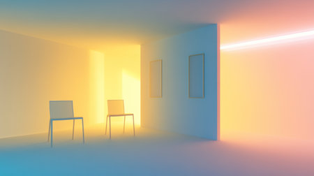 Minimalist plain cyan and yellow background with two chairs, frames on the wall, and lighting decorations. --chaos 30 --ar 16:9 --v 6.1 Job ID: 09911cea-8df2-4a5c-85ae-ee76d4cc9b7bの素材