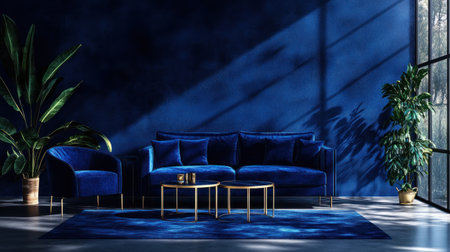 Modern interior design of a living room with a sofa and armchair against a dark blue wall, a minimalist home decor interior background. Copy space, high quality. --chaos 30 --ar 16:9 --v 6.1 Job ID: 5eb4a39b-c3f7-4fb4-8b46-3d6434f5633aの素材