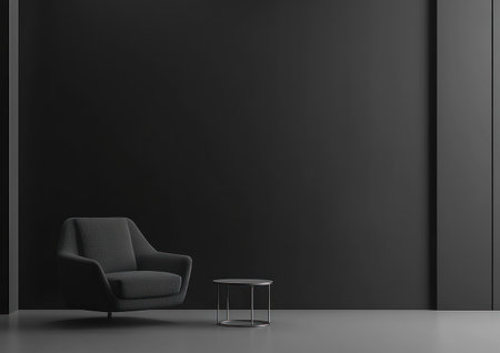 Minimalist black wall background with a grey armchair and coffee table, the home interior design of a modern living room. --ar 7:5 --v 6.1 Job ID: fa13b95f-698b-4a3f-aed9-29f821d5feacの素材