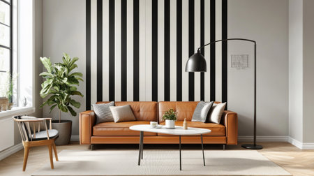 Modern interior design, featuring a brown leather sofa with black vertical stripes on the wall behind it, a white dining table and chairs near the window, a beige carpet in front of the couch, a lamp stand in the corner, and a plant beside the couch. --chaos 30 --ar 16:9 --v 6.1 Job ID: 35b36f78-bb80-44f4-b6ed-e544cb1595e3の素材