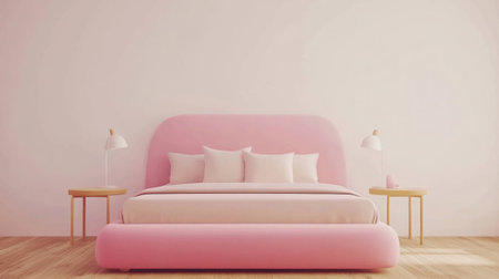 White wall with pink bed and beige pillows, side tables, and wooden floor in a minimalist bedroom interior mockup. White background. Simple home decor. --chaos 30 --ar 16:9 --v 6.1 Job ID: b3669cba-8731-4f74-a1dd-e9ada47318e4の素材