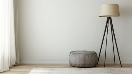 Minimalist plain white wall with a floor lamp and ottoman, with ample copy space for text, in a wide banner panorama. --chaos 30 --ar 16:9 --v 6.1 Job ID: 6b818df3-beaa-4fe1-9495-a6325655ac3aの素材