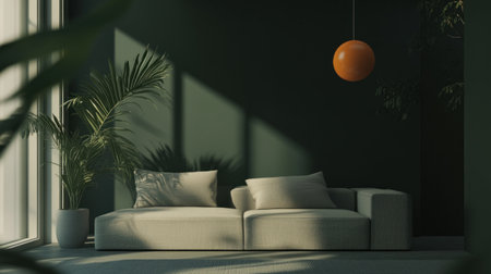 Minimalist interior design of a modern living room with a grey sofa against a dark green wall and orange pendant lamps. --chaos 30 --ar 16:9 --v 6.1 Job ID: 6625932d-425c-4b91-841d-ee56872256bdの素材