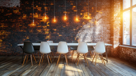 Modern office interior with a grey wall, a white table, and chairs on a wooden floor in a meeting room, a business background concept. --chaos 30 --ar 16:9 --v 6.1 Job ID: 71d947f3-aaca-4658-aa4d-1d4c04c1f555の素材