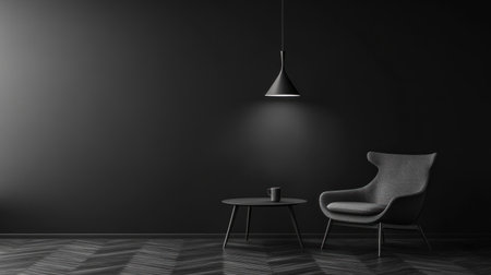 Minimalist black room with a grey armchair and table, a pendant light hanging from the ceiling, and a grey herringbone parquet floor. Scandinavian interior design concept. Black wall mock-up. Front view. 3D rendering. --chaos 30 --ar 16:9 --v 6.1 Job ID: afb865d4-15d9-45c4-89a5-04145f643be8の素材