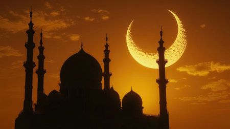 Silhouette of a mosque at sunset with a crescent moon in the sky, an Islamic holiday concept. Photograph taken with a Canon R5 camera, at f/2.0 aperture, ISO 400. --chaos 30 --ar 16:9 --v 6.1 Job ID: 4d6328b0-1c71-425a-9ba3-18d994bf2f2eの素材