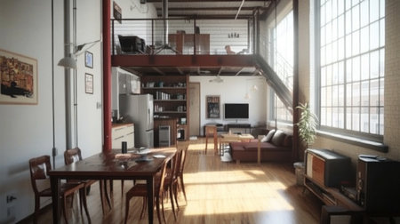 Stairs in a modern apartment, wooden floor and white walls, a dining table with chairs, a sofa against the wall, a television on a shelf under the staircase, and a kitchen area visible through the door frame. --chaos 30 --ar 16:9 --v 6.1 Job ID: 02ab6231-9d5f-4880-ac8f-ab6fc8a4d230の素材