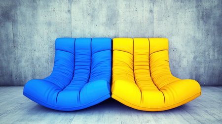 Minimalist interior design of a modern living room with a blue and mustard yellow sofa against a concrete wall, 3D rendering mock-up for home decor, interior photography, empty space on the right side, minimal furniture. --chaos 30 --ar 16:9 --v 6.1 Job ID: fad0bace-7cd0-4c31-b81b-51839164704fの素材