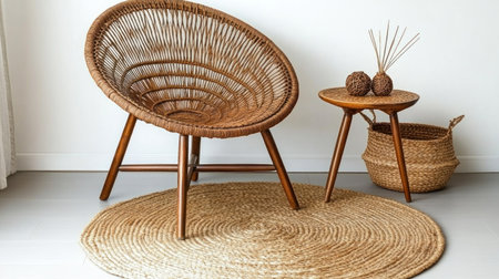 Photo of a rattan chair and small table in front of a white wall, next to a jute rug on the floor, with a woven basket and ornaments on it. Scandinavian home interior design of a modern living room. --chaos 30 --ar 16:9 --v 6.1 Job ID: 2a222350-4647-436b-8fb1-af4ae8f898d1の素材