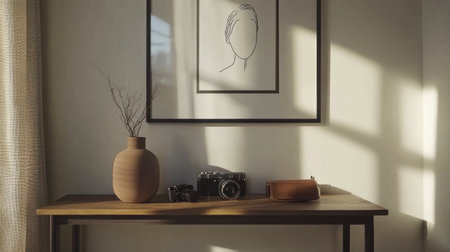 Minimalist interior design with a black frame on the wall above a wooden console table, a simple art poster of a face in a line drawing style, Scandinavian home decor, leather accessories and a camera, a brown ceramic vase, a neutral color palette, close-up view. --chaos 30 --ar 16:9 --v 6.1 Job ID: f71ea9d0-5cce-49f2-8317-8d44f07633cdの素材