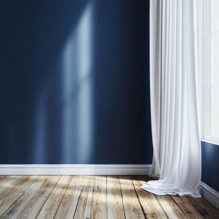 Photo of a plain navy blue wall with white curtains and a wooden floor, creating an empty room mockup. Web banner with copy space on the right. --v 6.1 Job ID: 79a361c7-8d22-40e2-b5bb-9592ac950689の素材