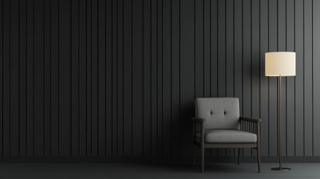 Minimalist black wall background with a chair and floor lamp. --chaos 30 --ar 16:9 --v 6.1 Job ID: 1ca963d3-4c7e-4361-abe8-9b7582bc9b64の素材