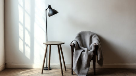 Minimalist plain white wall with wooden floor and a side table with a lamp and a grey blanket on it, a panoramic banner with a copy space area. --chaos 30 --ar 16:9 --v 6.1 Job ID: 37ea6cc8-d8f9-40b5-8834-04ccad70331aの素材