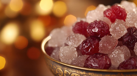 Dark red dates and white rock candy on an old bronze plate, a Ramadan lantern in the background with empty space for text. Copy space + photo taken with an EOS R5 at F2, ISO 100, 84mm. --chaos 30 --ar 16:9 --v 6.1 Job ID: 2178f580-bbad-4770-bfc4-334b9c83888eの素材
