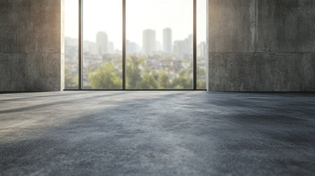 Modern office interior with a gray concrete wall and glass panel door in the background, offering a panoramic view. The minimalist design of this modern open space creates a concept for a business work place. Copy space, wide-angle shot, low contrast, natural light, banner-style mockup. --chaos 30 --ar 16:9 --v 6.1 Job ID: 339d2db4-b495-463b-9732-c97b676cbdb8の素材