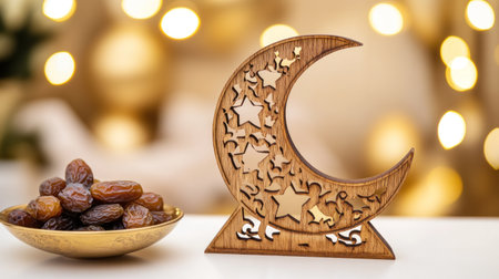 A wooden cutout of the Ramadan moon and star with dates on a white table, against a gold background with bokeh lights, leaving space for text, a banner design. The symbol is intricately carved from natural wood, with delicate patterns visible on its surface. It stands tall against a backdrop of soft light that highlights every line and texture. A small bowl filled with dried fruits sits beside it, adding to the festive atmosphere of the Ramadan food culture. --chaos 30 --ar 16:9 --v 6.1 Job ID: 199e8442-e9bc-43d5-a563-e5eb78be8731の素材