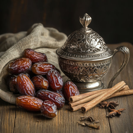 Dates on a wooden table, accompanied by a silver Arabic bowl and cinnamon sticks. --v 6.1 Job ID: 2cb8f0d2-a5fa-432c-bf20-4f577f739fecの素材