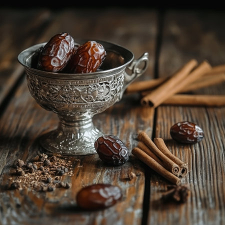 Dates on a wooden table, accompanied by a silver Arabic bowl and cinnamon sticks. --v 6.1 Job ID: 2cb8f0d2-a5fa-432c-bf20-4f577f739fecの素材