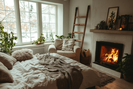 Nordic-style bedroom with a fireplace, white walls, and a wood floor, soft lighting, large windows, green plants on the side of the bed, a wooden ladder in the corner, a grey blanket over the bed, a beige armchair near the window, warm colors, and a comfortable atmosphere. --ar 3:2 --v 6.1 Job ID: 8d2de565-2cab-45ba-948f-93fafca25cd9の素材