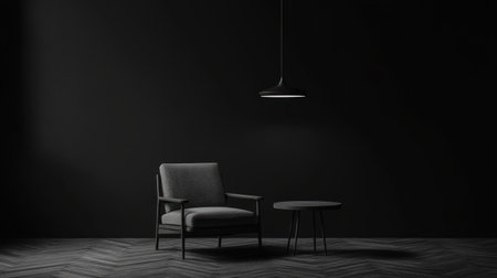 Minimalist black room with a grey armchair and table, a pendant light hanging from the ceiling, and a grey herringbone parquet floor. Scandinavian interior design concept. Black wall mock-up. Front view. 3D rendering. --chaos 30 --ar 16:9 --v 6.1 Job ID: afb865d4-15d9-45c4-89a5-04145f643be8の素材