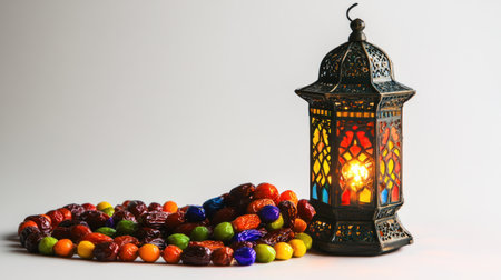 Ramadan concept with Arabic lantern and dates on a white background, with copy space for text, in a 3/4 angle view. --chaos 30 --ar 16:9 --v 6.1 Job ID: 4ccc3b71-14d6-47fe-bd62-9dbea64fa18bの素材