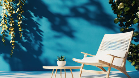 Modern interior, a white wooden chair and table against a blue wall with a garland decoration. Space for text, copy space, and a stock photo with a 2/3 layout for product advertising in a minimalistic style. --chaos 30 --ar 16:9 --v 6.1 Job ID: 1b092f6b-af2b-4911-b1fa-0160806abc35の素材