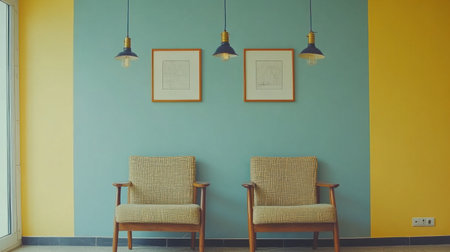 Minimalist plain cyan and yellow background with two chairs, frames, and lighting fixtures. --chaos 30 --ar 16:9 --v 6.1 Job ID: 3de5897f-6cbc-48c7-8996-cea25719bd37の素材