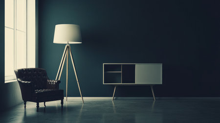 Modern minimalist style, a sideboard with open space and an empty shelf on the front, a dark gray wall background, a floor lamp, a leather armchair next to it, a window in the left corner of the frame, and gray concrete flooring. --chaos 30 --ar 16:9 --v 6.1 Job ID: 595bc3e6-bda7-49e0-8965-2b4c6d42092eの素材