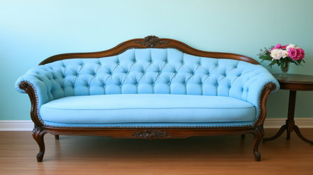 Photo of a blue sofa against an empty teal wall, with flowers and a coffee table on the right side. Web banner with copy space on the left. --chaos 30 --ar 16:9 --v 6.1 Job ID: 8948cbca-4f05-499b-a566-e18a6c3d0a16の素材