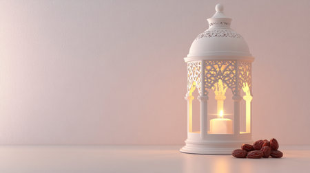 Ramadan background, color white, with lantern and dates on the right side of the photo, minimalist style, high-resolution photography. --chaos 30 --ar 16:9 --v 6.1 Job ID: 839847a1-19a1-475f-a906-54ea34669024の素材