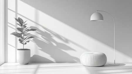 Minimalist plain white wall with a floor lamp and ottoman, with ample copy space for text, in a wide banner panorama. --chaos 30 --ar 16:9 --v 6.1 Job ID: 6b818df3-beaa-4fe1-9495-a6325655ac3aの素材