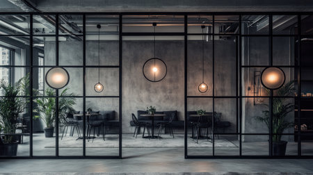 Modern industrial interior design, living room with grey walls and black furniture, grey carpet on the floor, concrete wall, pendant lights hanging from the ceiling, industrial steel beams on the roof, black metal chairs in the background, plants in the corner of the space, architectural photography. --chaos 30 --ar 16:9 --v 6.1 Job ID: 4792b14e-201f-47a1-89e0-9f0f166743a7の素材