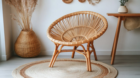 Minimalist Scandinavian-style interior with a rattan chair, wooden table, and wicker rug in front of a white wall with decorative elements. --chaos 30 --ar 16:9 --v 6.1 Job ID: 375f397a-8cb7-45d6-8770-03b7fbef8098の素材