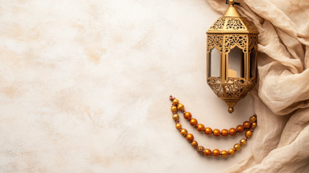 Photo of a golden lantern and Islamic prayer beads on a beige background, with copy space for text. Web banner with copy space on the right. --chaos 30 --ar 16:9 --v 6.1 Job ID: 2fad461c-3f50-44c3-a306-3f5393a58695の素材