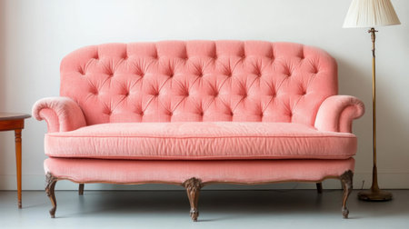 Photo of a pastel pink sofa in front of an empty white wall, with a coffee table and floor lamp nearby. Web banner with copy space on the right. --chaos 30 --ar 16:9 --v 6.1 Job ID: 54011e52-bba1-44eb-af43-8d14852a8975の素材