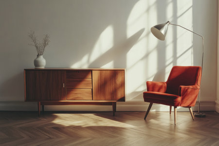A white wall with a parquet floor, a wooden sideboard, and an armchair in a red color next to it. A modern lamp is on the right side of the image. The photography features a parallax effect, a minimalist style, natural lighting, high resolution, high detail, hyper-realistic, and super-detailed. --ar 3:2 --v 6.1 Job ID: 7891ceb9-95f1-4c70-9746-075626c31f17の素材