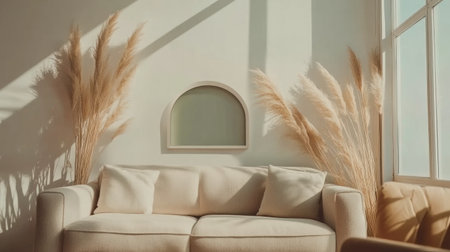 Modern living room interior with a sofa, armchair, and pampas grass in front of a wall mock-up frame for artwork or a poster. Minimalist home decor with a pastel green arched shape on a beige background. --chaos 30 --ar 16:9 --v 6.1 Job ID: 3be40d89-6afb-45f4-b07c-eae5a7f7ceb3の素材
