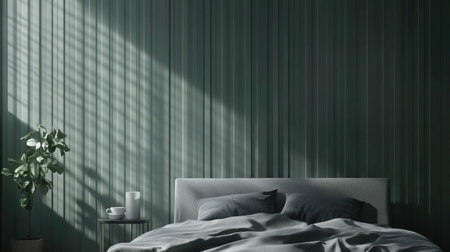 Minimalist bedroom with a grey bed and dark green vertically striped wallpaper, 3D rendering, with a focus on the product. --chaos 30 --ar 16:9 --v 6.1 Job ID: ab80e0cf-3a47-4ed6-861e-a8da54573293の素材