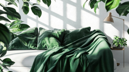 Sofa in living room with white floor and wall mock-up background, 3D rendering, 8K, hyper-realistic, white room with sofa, lamp on the right side of the sofa, green blanket draped over the couch armrest, plant near the couch, simple composition, minimalism, natural light --chaos 30 --ar 16:9 --v 6.1 Job ID: c1dfc633-5bfb-49f4-9f56-6b8a31e6c197の素材