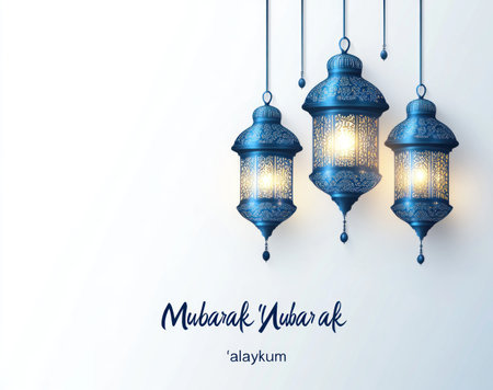 Eid Mubarak, an Islamic greeting card design with calligraphy of "Mubarak 'alaykum" in Arabic script, vector illustration on a white background with hanging lanterns and text space for typography. Blue color scheme. Simple yet elegant. --ar 19:15 --v 6.1 Job ID: 0c72a7c9-eaa8-4684-9f9e-1b8f98d76c44の素材