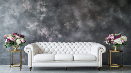 Modern interior, gray wall background with a white leather sofa and two brass side tables with flowers. --chaos 30 --ar 16:9 --v 6.1 Job ID: 5373506d-7b87-459c-9b7c-d4a32a4c3c31の素材